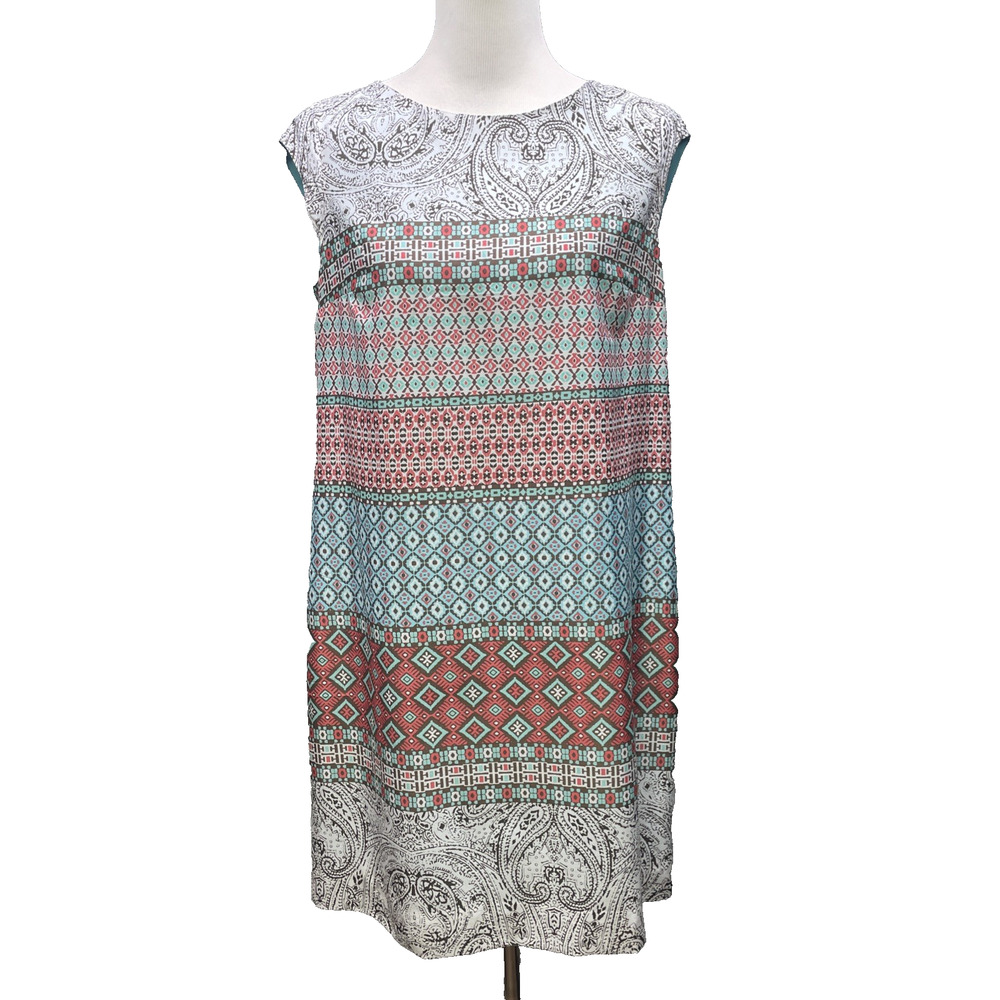 Limited Petite Shift Dress Med Paisley Geo Mixed Print Blue Coral Mod Boho Chic